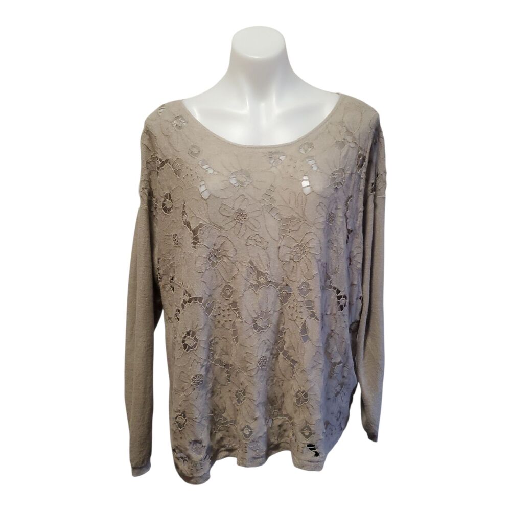 J.Jill Womens XL Linen Blend Tan Floral Crochet Cutout Long Sleeve Sweater Top